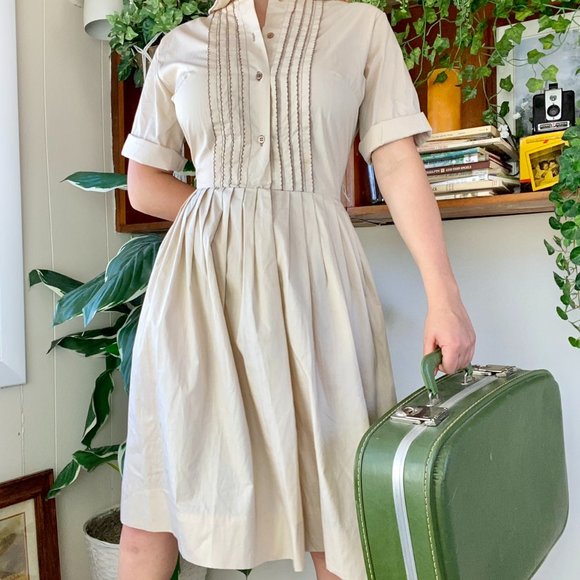 American Vintage Dresses & Skirts - vintage 50s tan dress with pleated skirt and scalloped piping on front